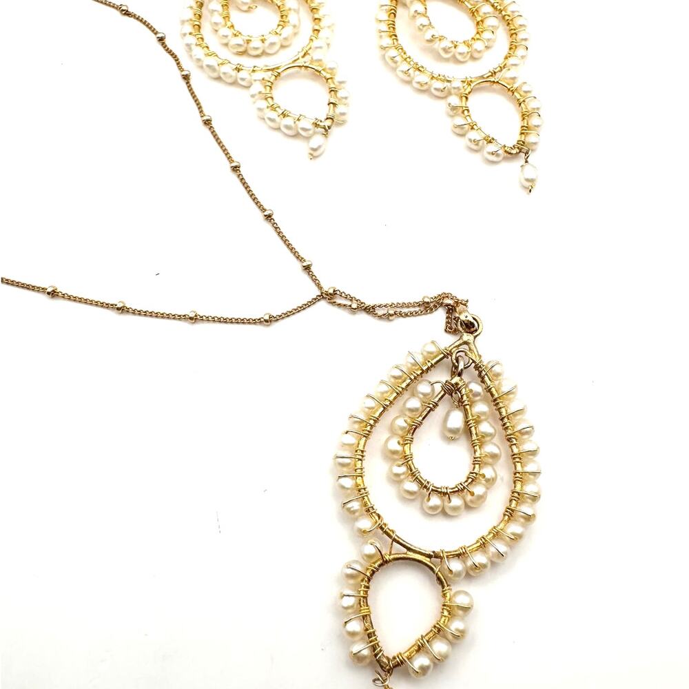 Flying Lizard Design FLD Necklace Earring Set Sundance Jewelry Faux Pearl Gold - Picture 2 of 8